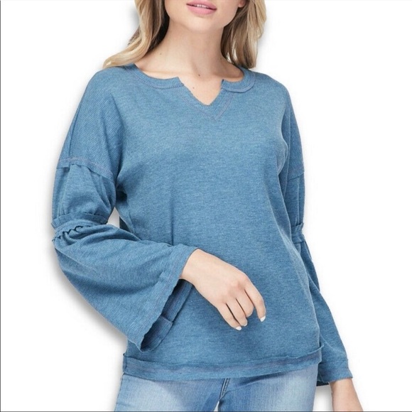 baea Flare Sleeve Womens Thermal Top Nordstrom Blue Waffle Knit - Picture 1 of 2